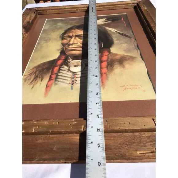 Vtg 70s BILL HAMPTON Art Print Native American Indian Western Framed 25x21 - Picture 11 of 15